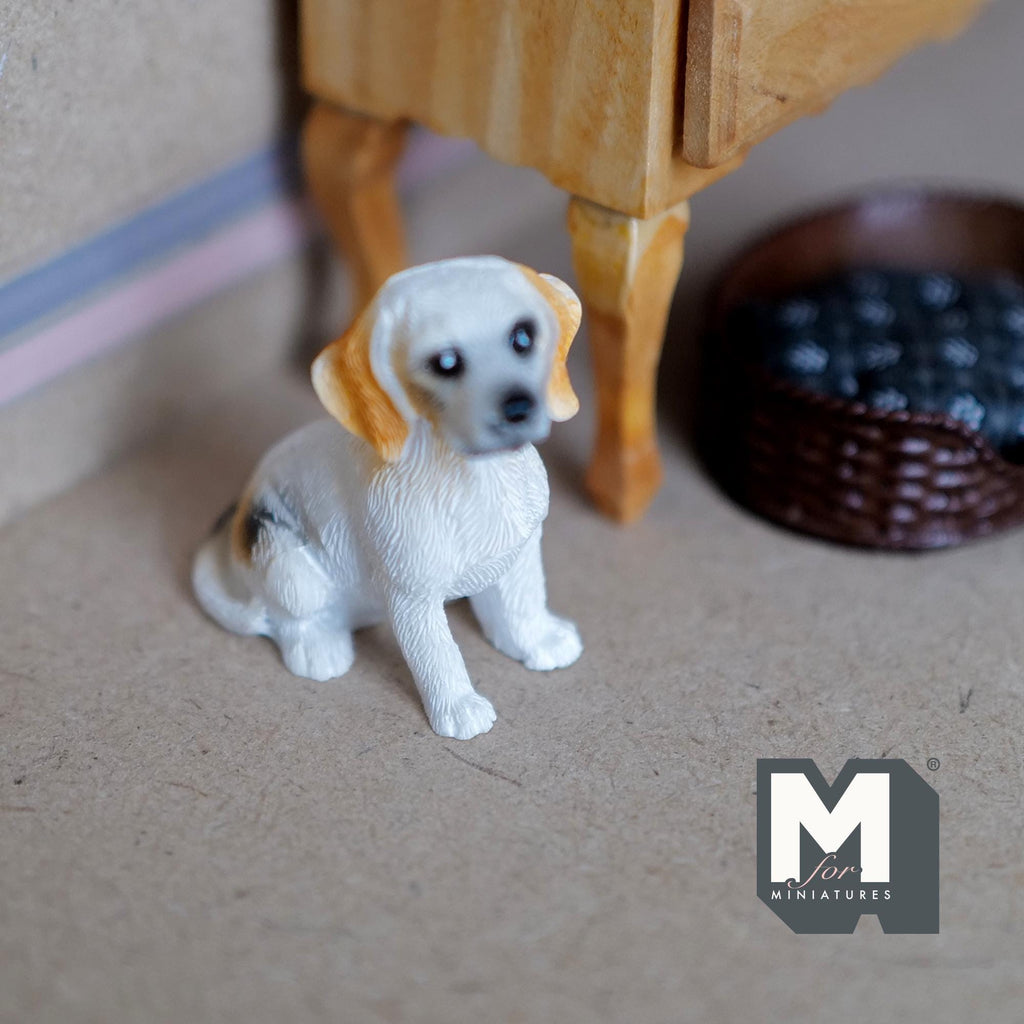 1:12 Scale Miniature Sitting Beagle Puppy, 1-9/16 inch tall, DIY Dollhouse Supply (cast resin) (white and tan)