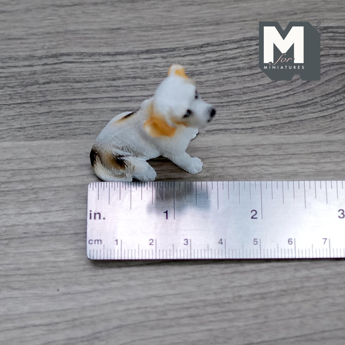 1:12 Scale Miniature Sitting Beagle Puppy, 1-9/16 inch tall, DIY Dollhouse Supply (cast resin) (white and tan)