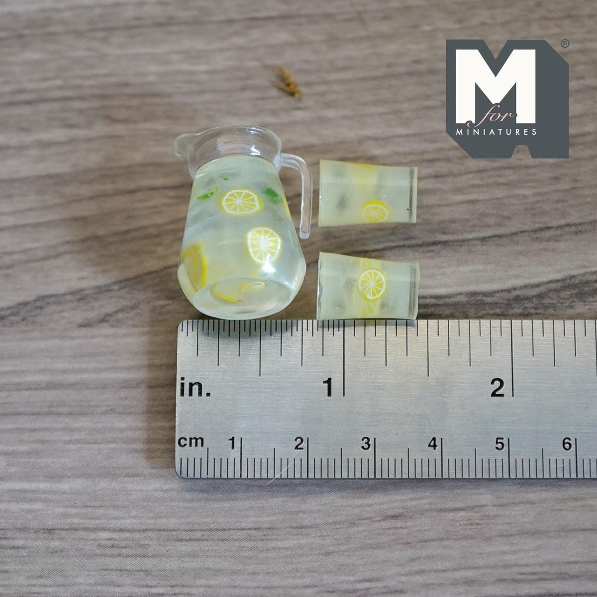 1:12 Scale Miniature Lemon Water Pitcher and 2 Glasses, Set of 3, 1-1/8 inch tall, DIY Dollhouse Supply