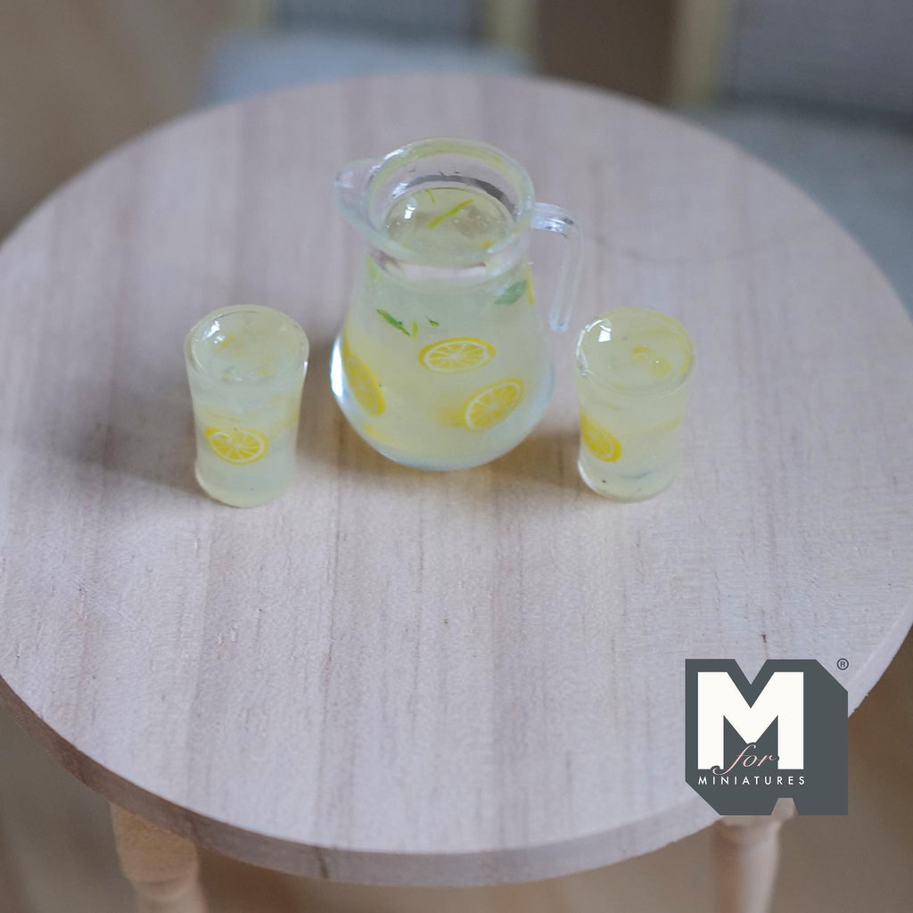 1:12 Scale Miniature Lemon Water Pitcher and 2 Glasses, Set of 3, 1-1/8 inch tall, DIY Dollhouse Supply