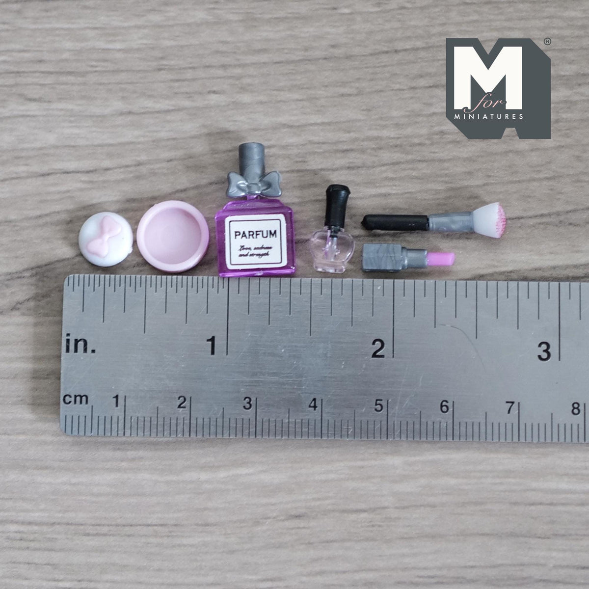 1:12 Scale Miniature Makeup Set with Perfume Bottle, Lipsticks and Brush, 13/16 inch tall, DIY Dollhouse Supply (purple)