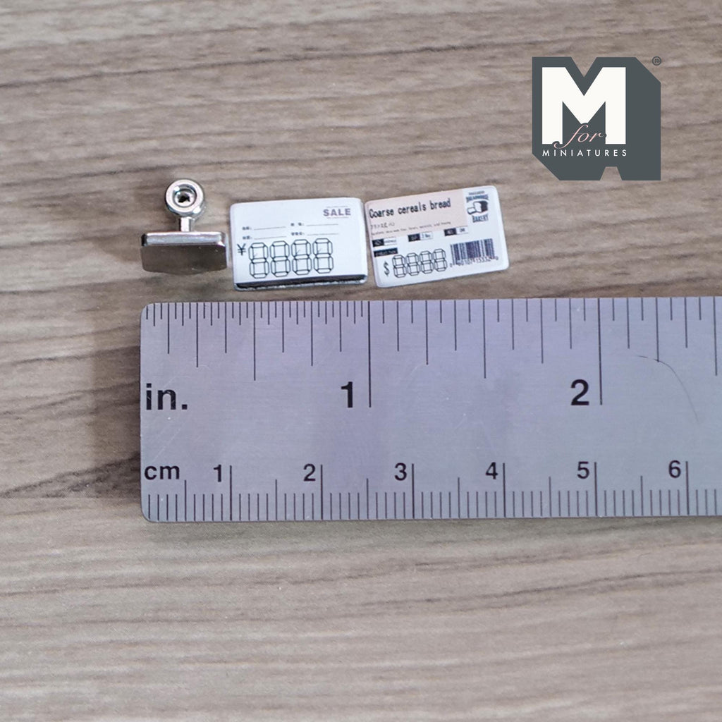 1:12 Scale Miniature Table Sign Holder with 2 Printed Cards, 3/8 inch tall, DIY Dollhouse Supply (silver) (metal)
