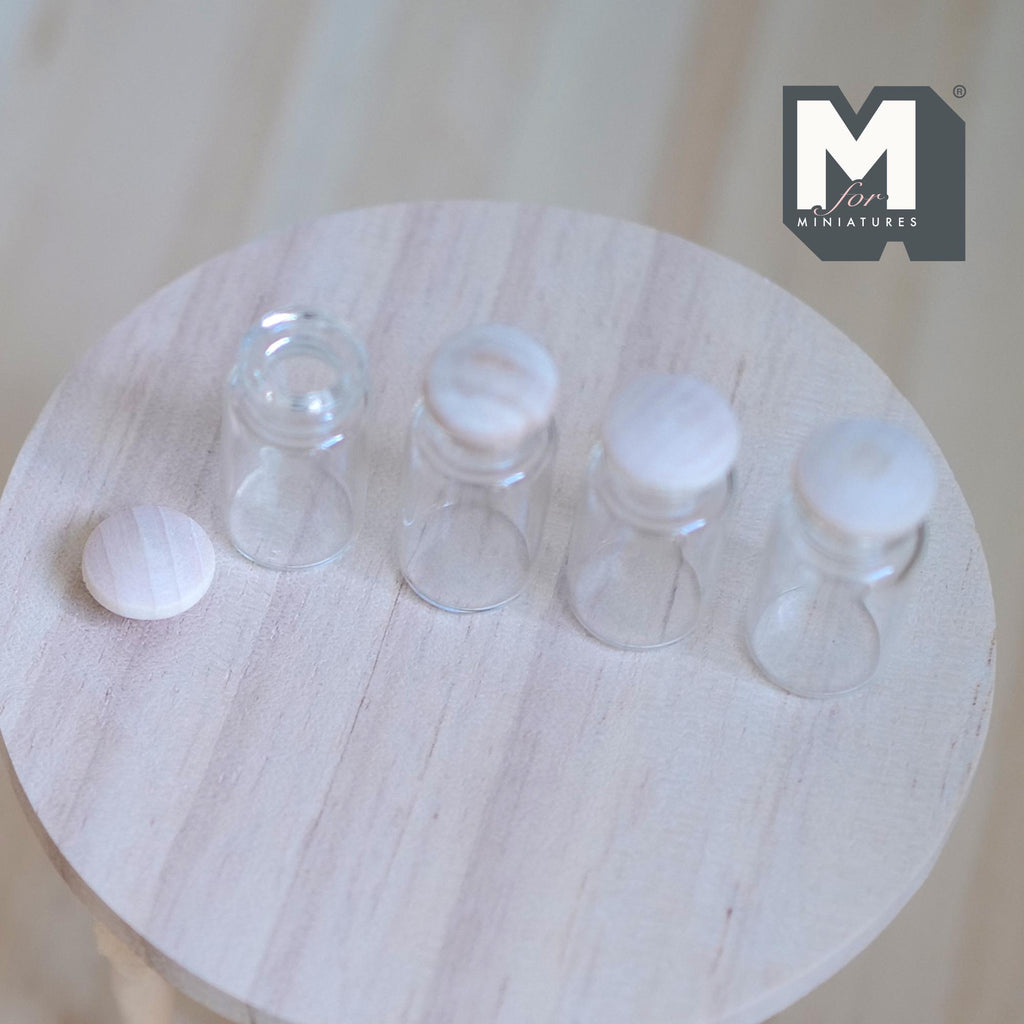 1:12 Scale Miniature Glass Spice Jars with Cork Stoppers, Set of 4, 1-1/16 inch tall, DIY Dollhouse Supply