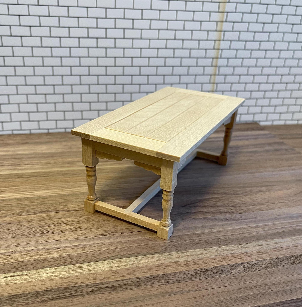 1:12 Scale Miniature Unpainted Dining Table, Turned Legs, Stretchers, 5-7/8 inch long, DIY Dollhouse Supply (wood)