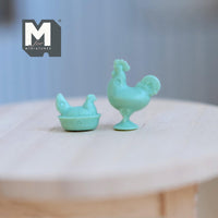 Miniature Rooster and Nesting Hen Figurines 1:12 Scale Dollhouse (jadite) (plastic) - H022