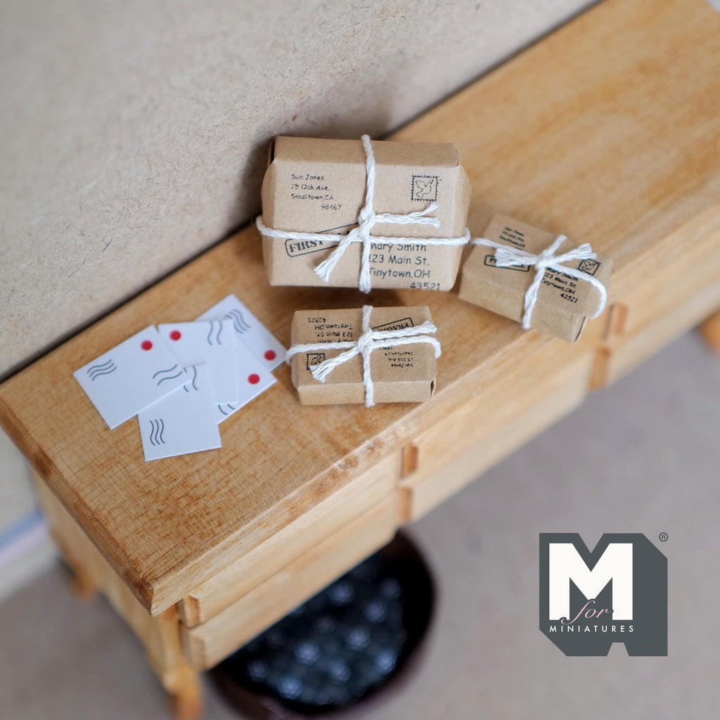 1:12 Scale Miniature Wrapped Parcels with String and Postcards, 1-3/16 inch long, DIY Dollhouse Supply