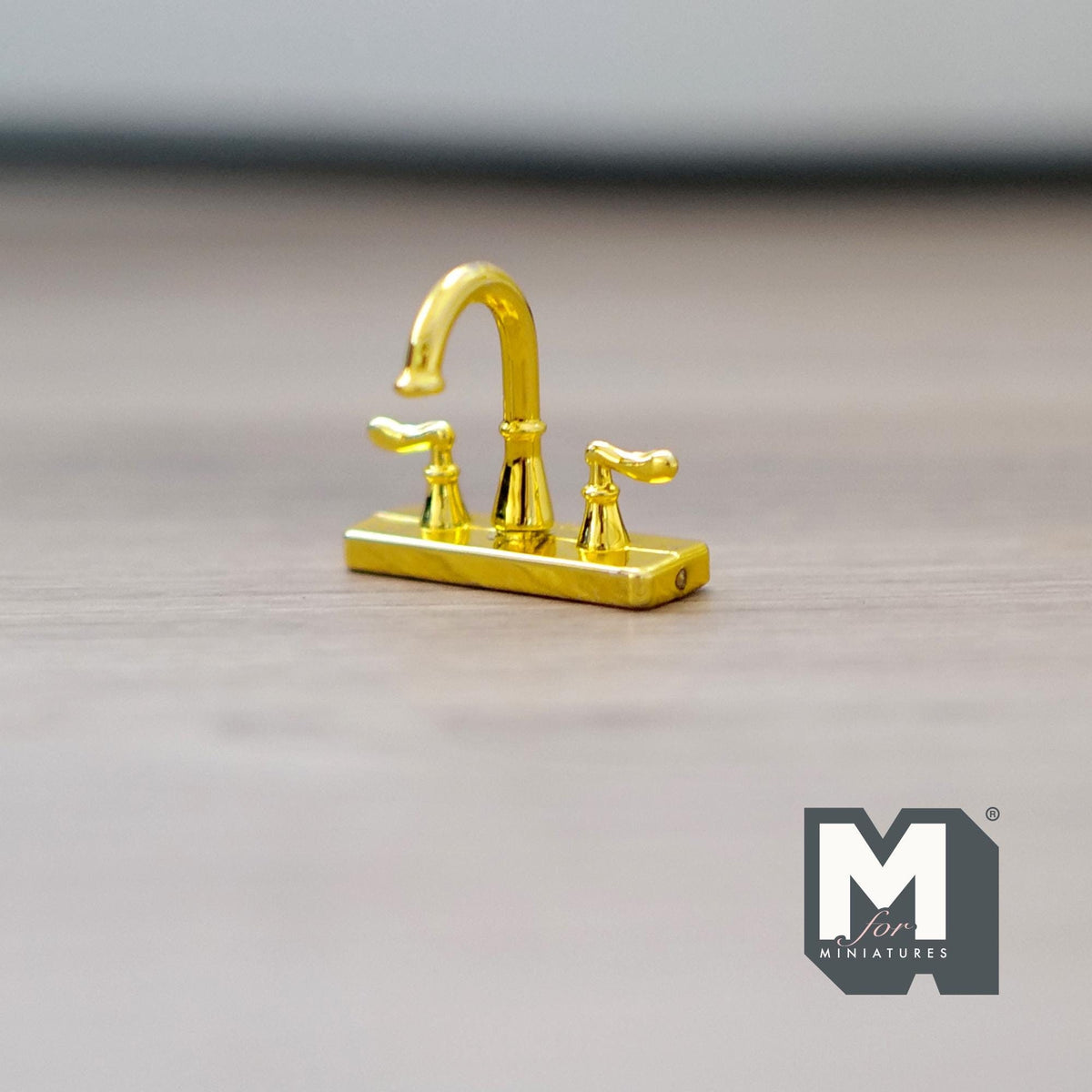 1:12 Scale Miniature Widespread Faucet, Double Handle, 1 inch wide, DIY Dollhouse Supply (gold)