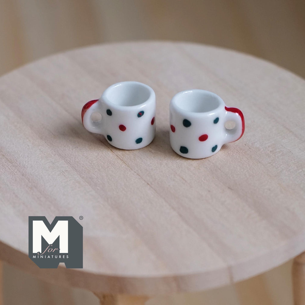 1:12 Scale Miniature Ceramic Coffee Mugs, Set of 2, 1/2 inch tall, DIY Dollhouse Supply (polka dot)