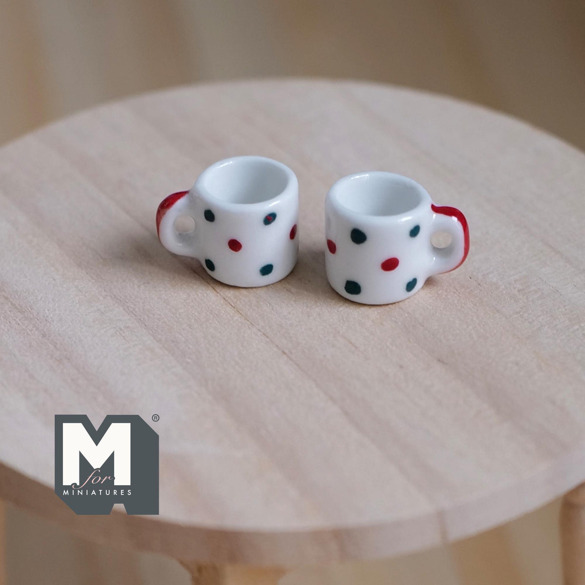 1:12 Scale Miniature Ceramic Coffee Mugs, Set of 2, 1/2 inch tall, DIY Dollhouse Supply (polka dot)
