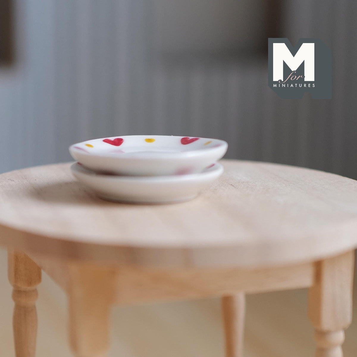 1:12 Scale Miniature Ceramic Plates with Red Heart Rim, Large, Set of 2, 1-1/4 inch dia., DIY Dollhouse Supply (white)