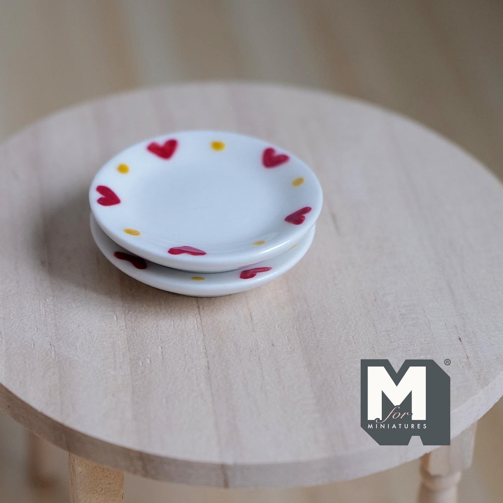 1:12 Scale Miniature Ceramic Plates with Red Heart Rim, Large, Set of 2, 1-1/4 inch dia., DIY Dollhouse Supply (white)