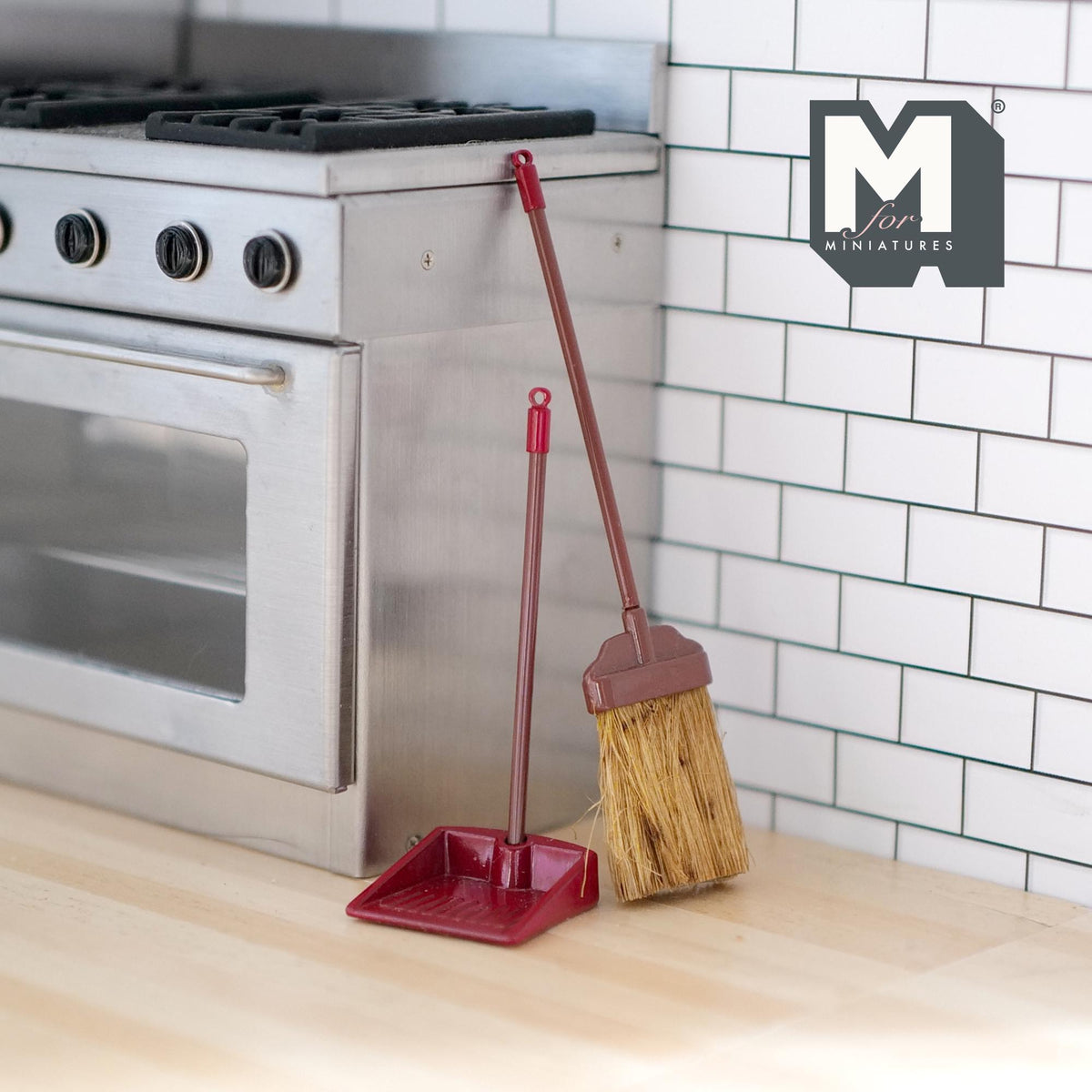 1:12 Scale Miniature Broom and Long Handle Dustpan Set, 3-3/8 inch long, DIY Dollhouse Supply (red) (metal)