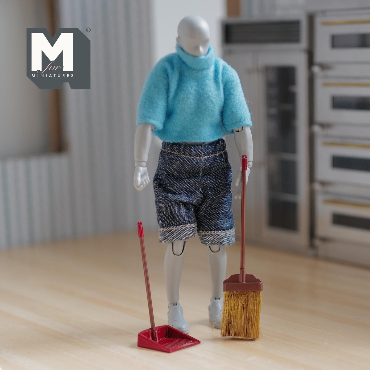 1:12 Scale Miniature Broom and Long Handle Dustpan Set, 3-3/8 inch long, DIY Dollhouse Supply (red) (metal)