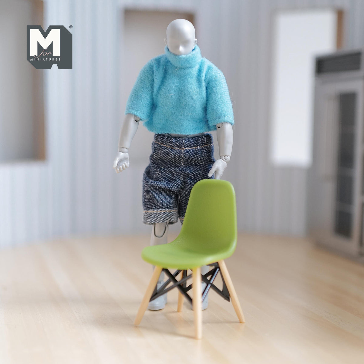 1:12 Scale Miniature Mid Century Shell Chair with Wood Legs, 2-11/16 inch tall, DIY Dollhouse Supply (green)