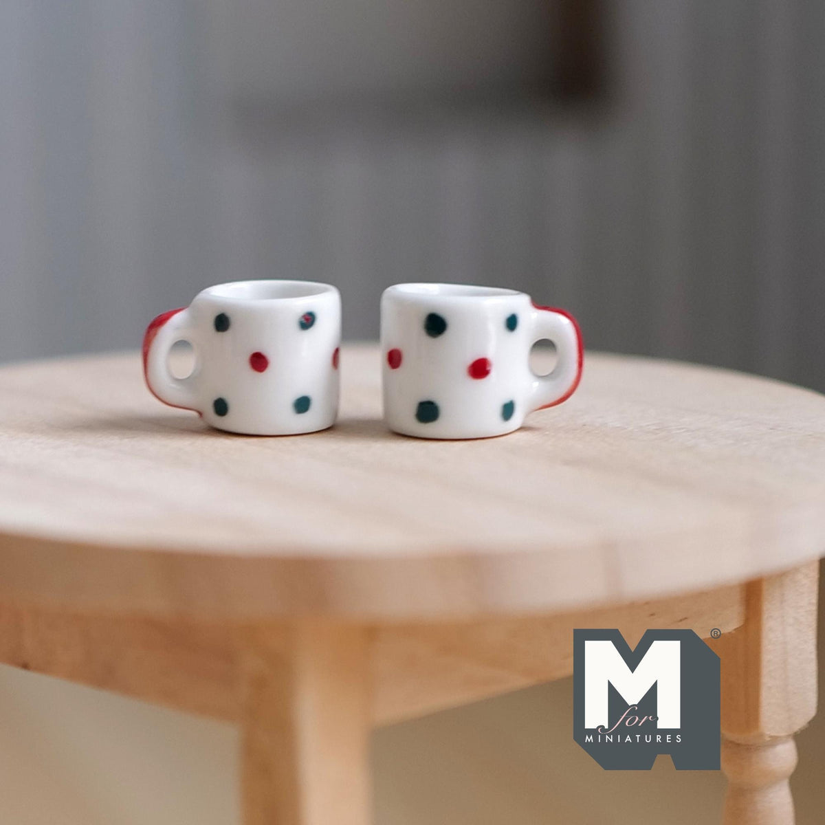 1:12 Scale Miniature Ceramic Coffee Mugs, Set of 2, 1/2 inch tall, DIY Dollhouse Supply (polka dot)