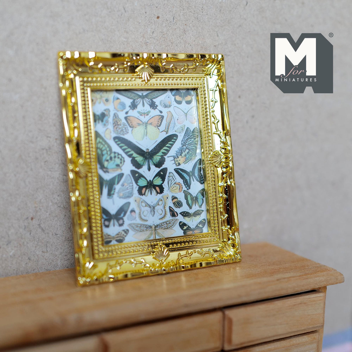1:12 Scale Miniature Butterfly Canvas Print in Ornate Frame, 2-15/16 inch tall, DIY Dollhouse Supply (gold)