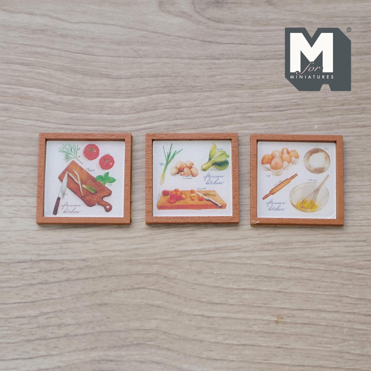 1:12 Scale Miniature Wood Framed Vegetable Prints, Set of 3, 1-5/16 inch square, DIY Dollhouse Supply