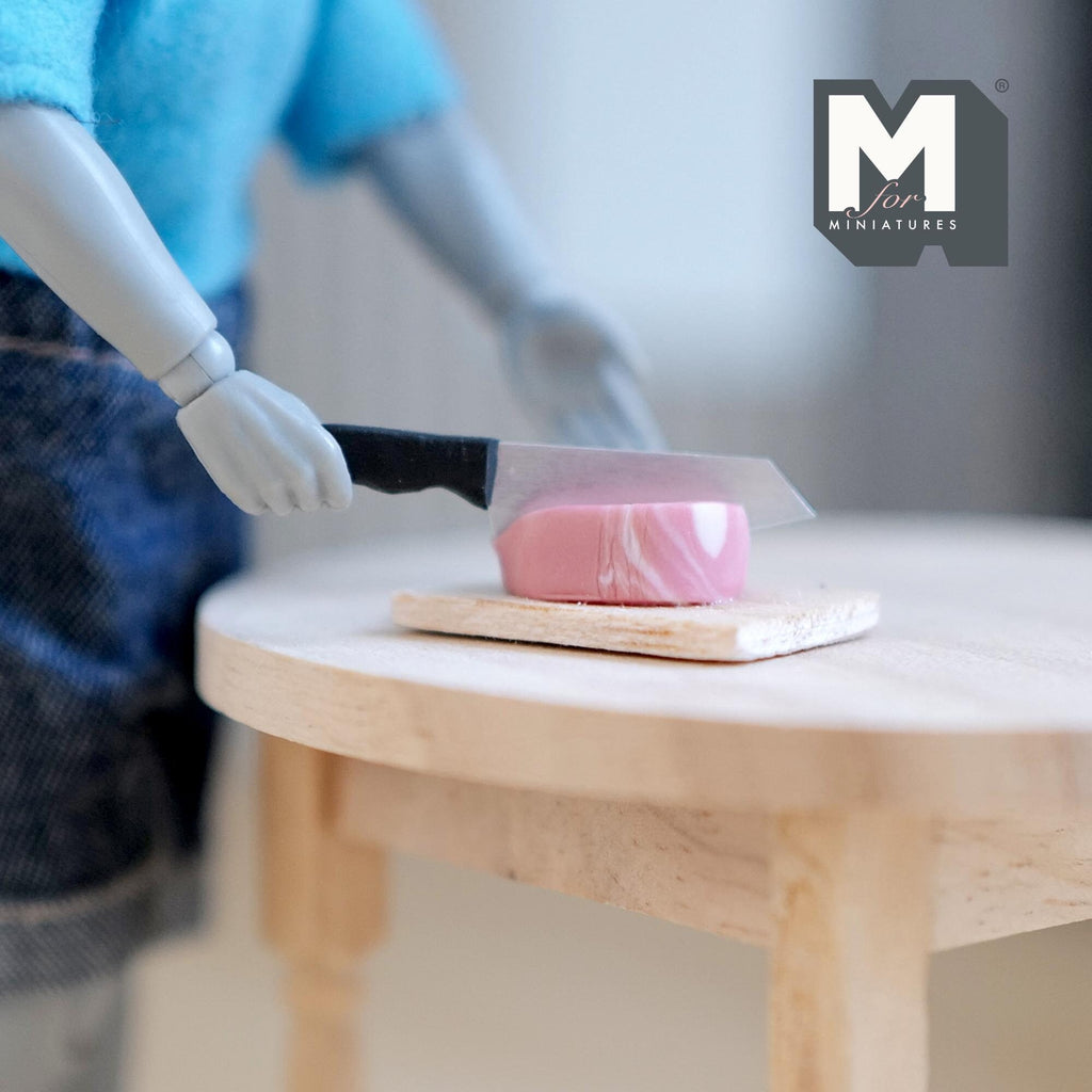 1:12 Scale Miniature Pork Roast on Wood Cutting Board with Cleaver, 1-1/8 inch long, DIY Dollhouse Supply