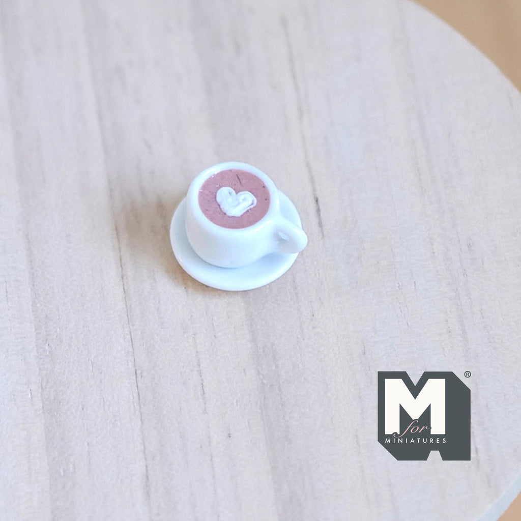 1:12 Scale Miniature Hot Chocolate Cup with Heart Cream and Saucer, 5/16 inch tall, DIY Dollhouse Supply