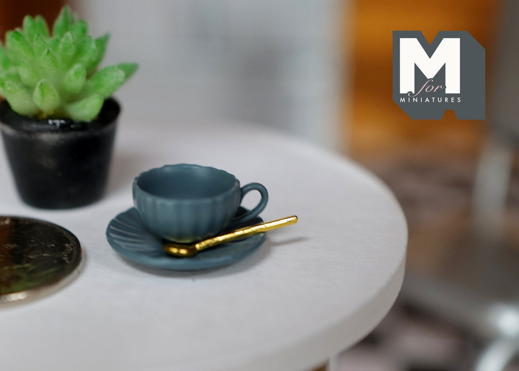 1:12 Scale Miniature Cup and Saucer with Spoon, Set of 3, 11/16 inch dia., DIY Dollhouse Supply (blue) (large)