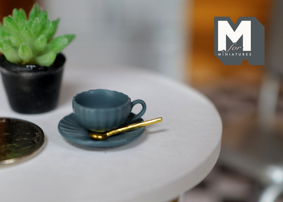 1:12 Scale Miniature Cup and Saucer with Spoon, Set of 3, 11/16 inch dia., DIY Dollhouse Supply (blue) (large)