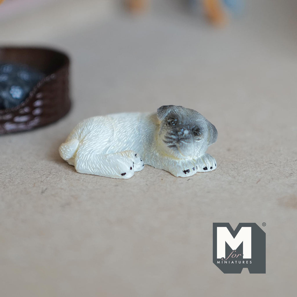 1:12 Scale Miniature Sleeping Pug Dog Figurine, 1-7/16 inch long, DIY Dollhouse Supply (cast resin) (beige)