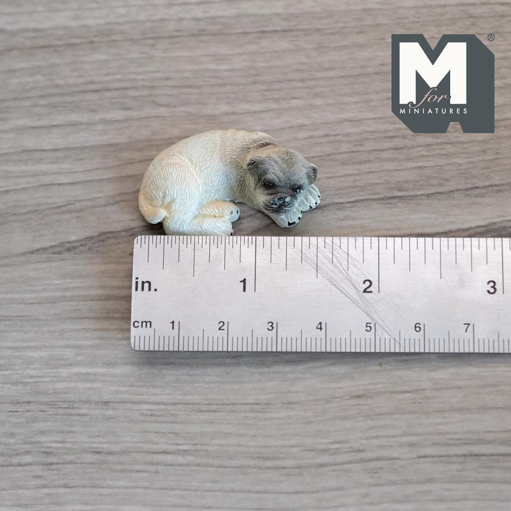 1:12 Scale Miniature Sleeping Pug Dog Figurine, 1-7/16 inch long, DIY Dollhouse Supply (cast resin) (beige)