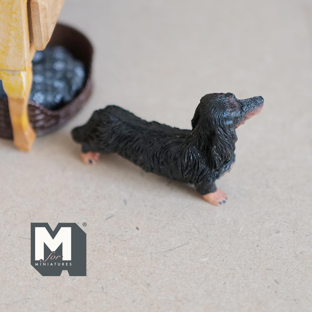 1:12 Scale Miniature Standing Long Hair Dachshund Puppy, 2-1/4 inch long, DIY Dollhouse Supply (cast resin) (black and tan)