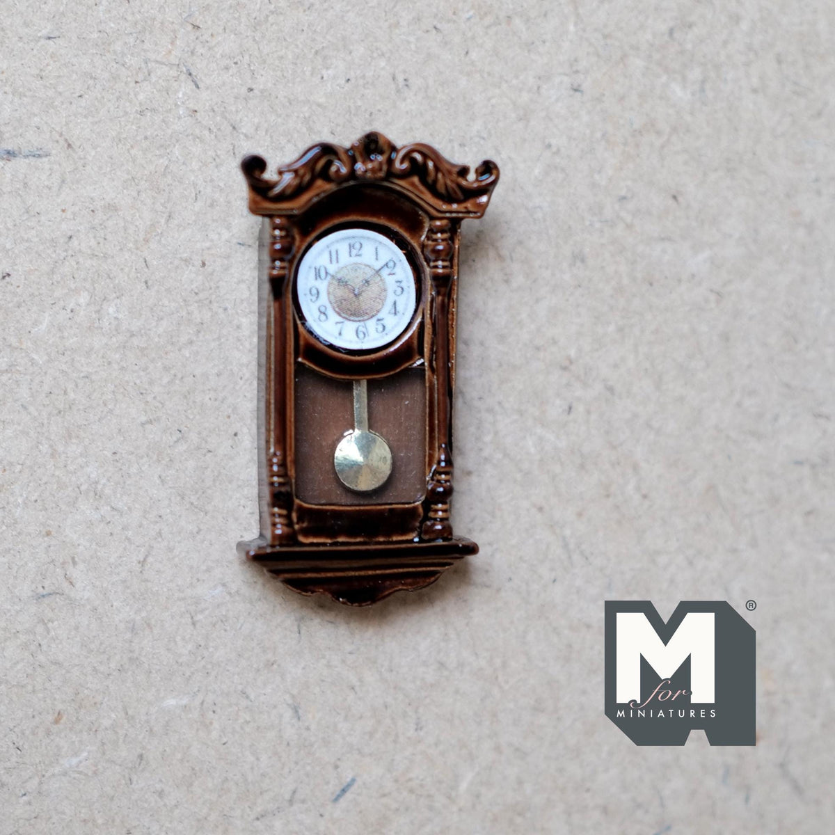 1:12 Scale Miniature Metal Pendulum Wall Clock, Carved Top, 1-9/16 inch tall, DIY Dollhouse Supply (brown) (non working)
