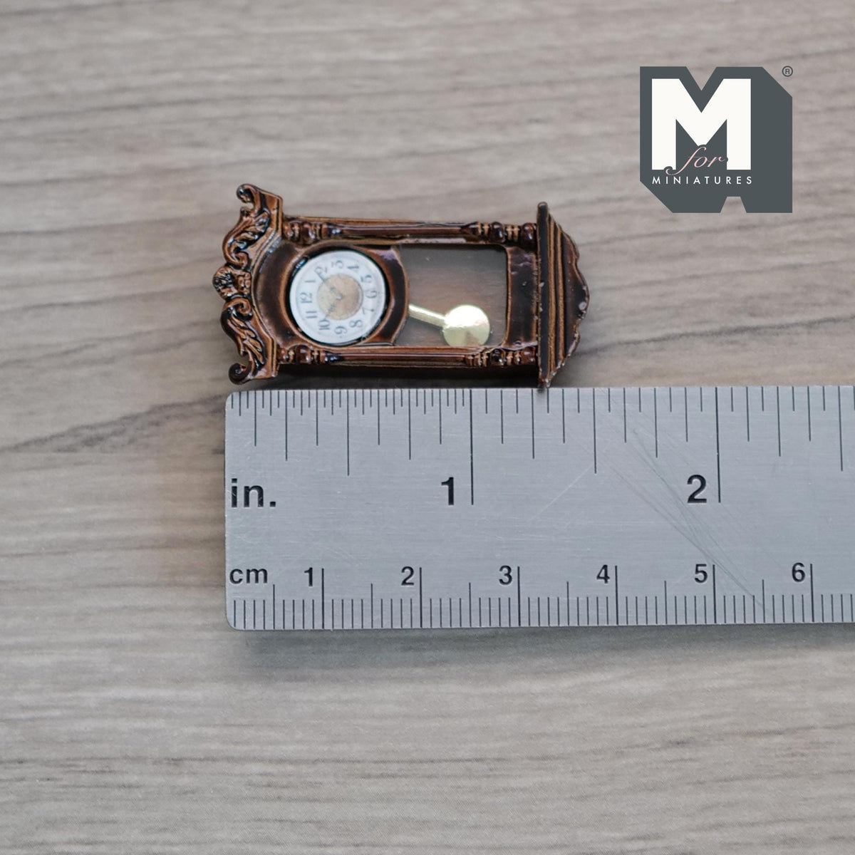1:12 Scale Miniature Metal Pendulum Wall Clock, Carved Top, 1-9/16 inch tall, DIY Dollhouse Supply (brown) (non working)