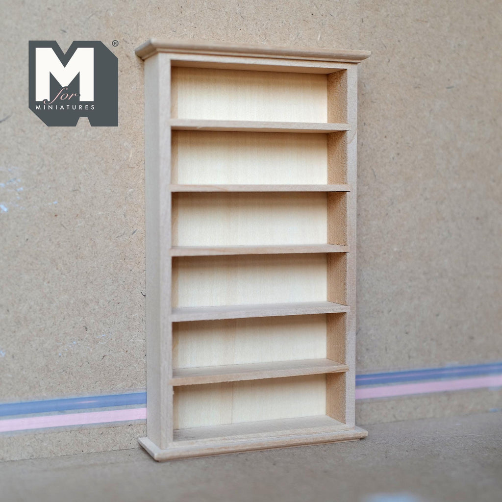 1:12 Scale Miniature Unpainted Bookcase, 6 Shelves, 6-11/16 inch tall, DIY Dollhouse Supply (wood)