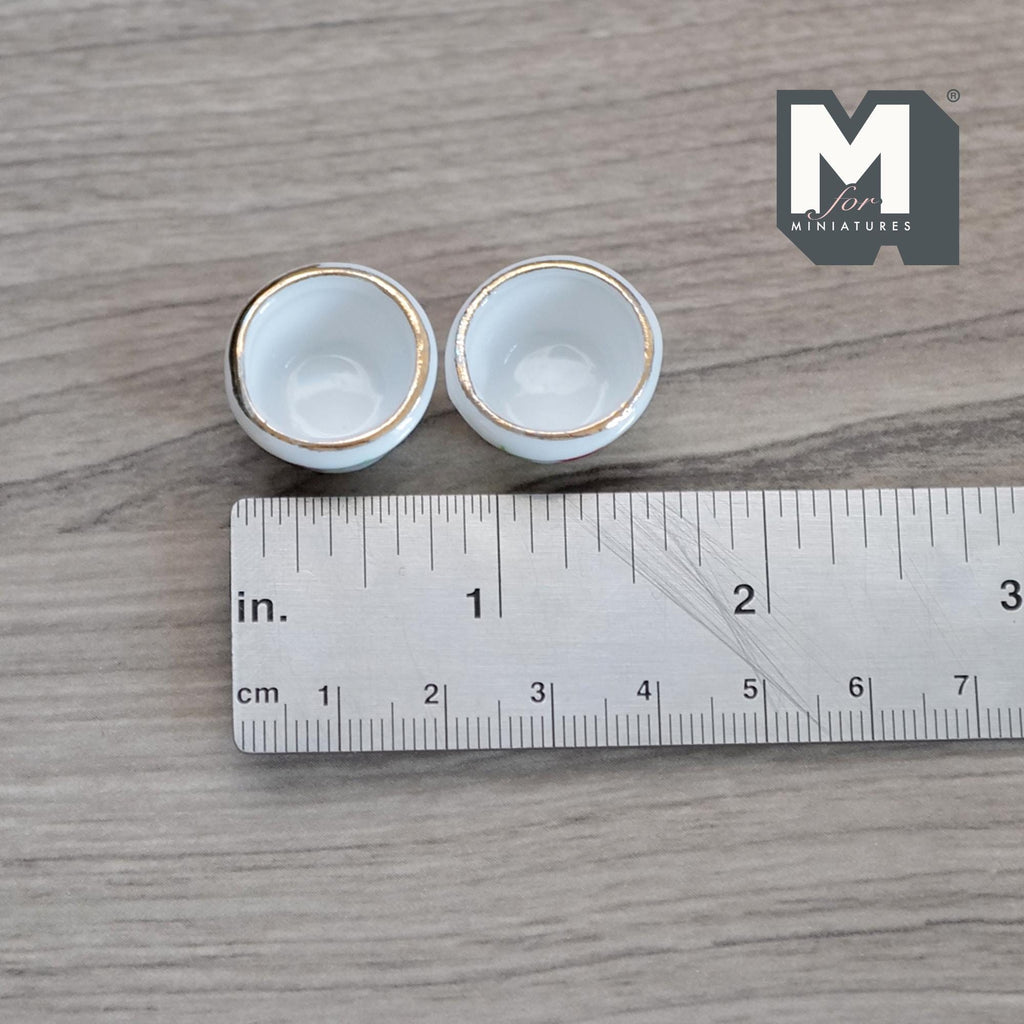 1:12 Scale Miniature Ceramic Flower Pots, Floral Print, Set of 2, 1/2 inch tall, DIY Dollhouse Supply (white and red)