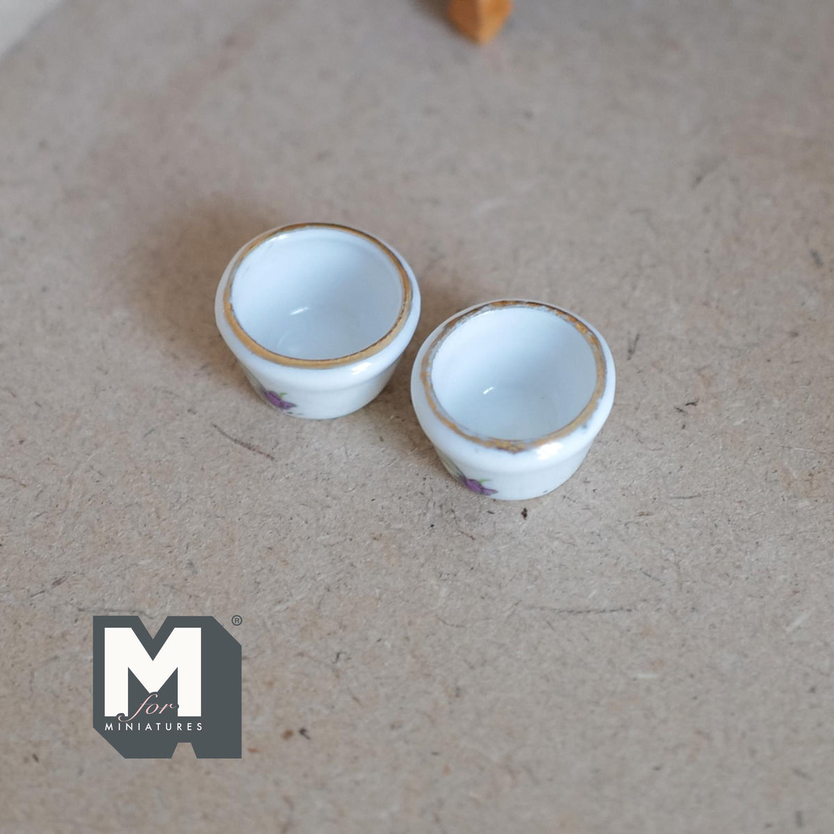 1:12 Scale Miniature Ceramic Flower Pots, Floral Print, Set of 2, 1/2 inch tall, DIY Dollhouse Supply (white and purple)