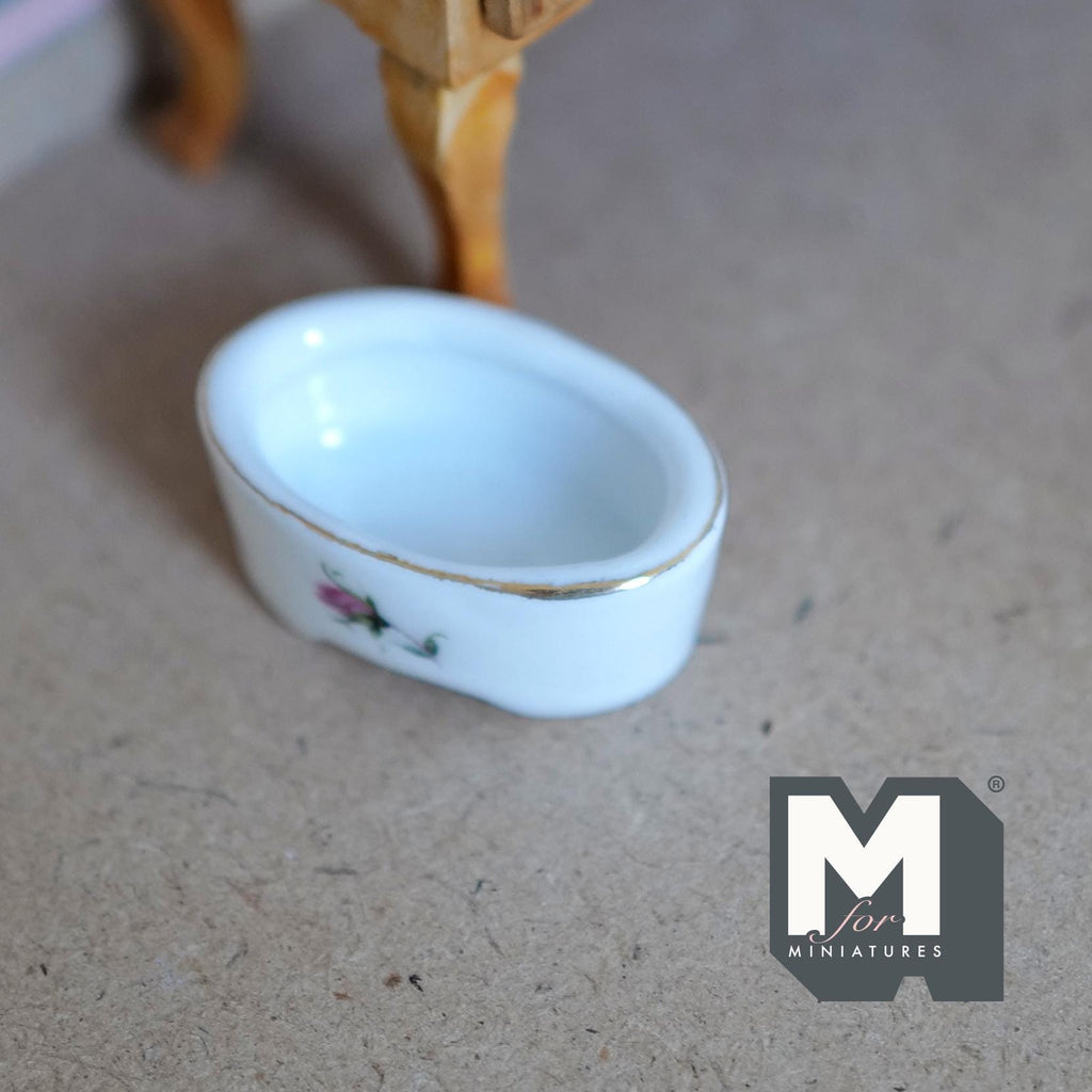 1:12 Scale Miniature Oval Ceramic Planter with Feet, Floral Decal, 1-9/16 inch long, DIY Dollhouse Supply (white)