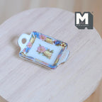 1:12 Scale Miniature Ceramic Serving Tray with Handles, Gold Rim, Floral Center, 1-9/16 inch long, DIY Dollhouse Supply