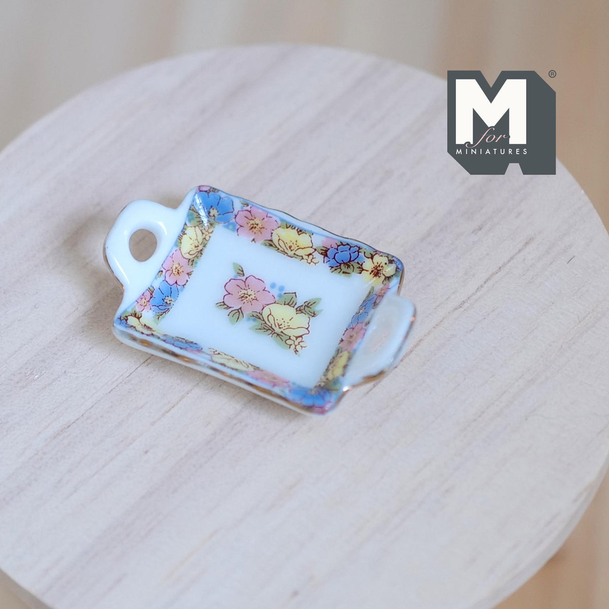 1:12 Scale Miniature Ceramic Serving Tray with Handles, Gold Rim, Floral Center, 1-9/16 inch long, DIY Dollhouse Supply
