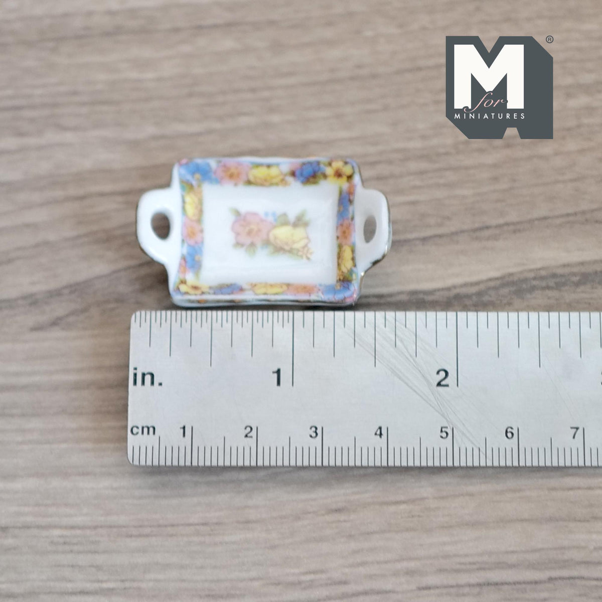 1:12 Scale Miniature Ceramic Serving Tray with Handles, Gold Rim, Floral Center, 1-9/16 inch long, DIY Dollhouse Supply