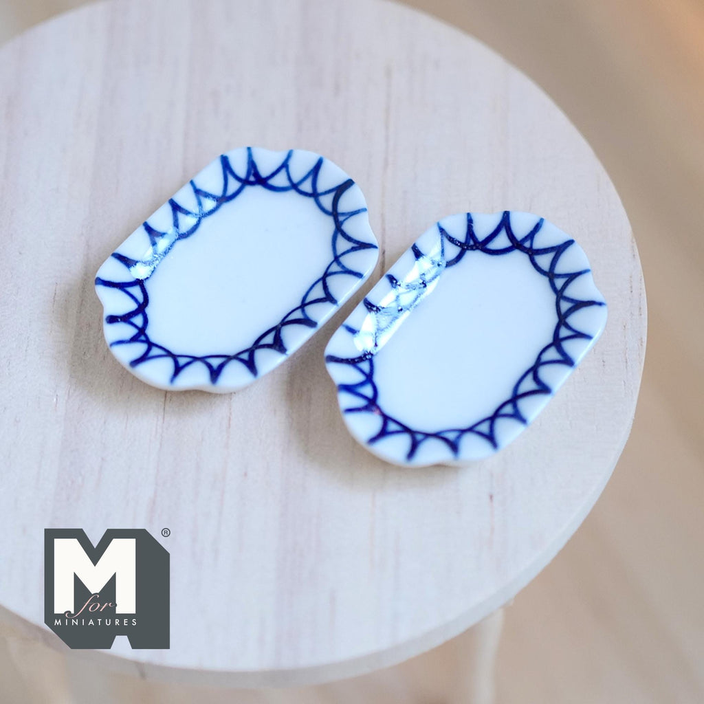 1:12 Scale Miniature Ceramic Oval Plates, Blue Zigzag Rim, Set of 2, 1-3/8 inch long, DIY Dollhouse Supply (white)