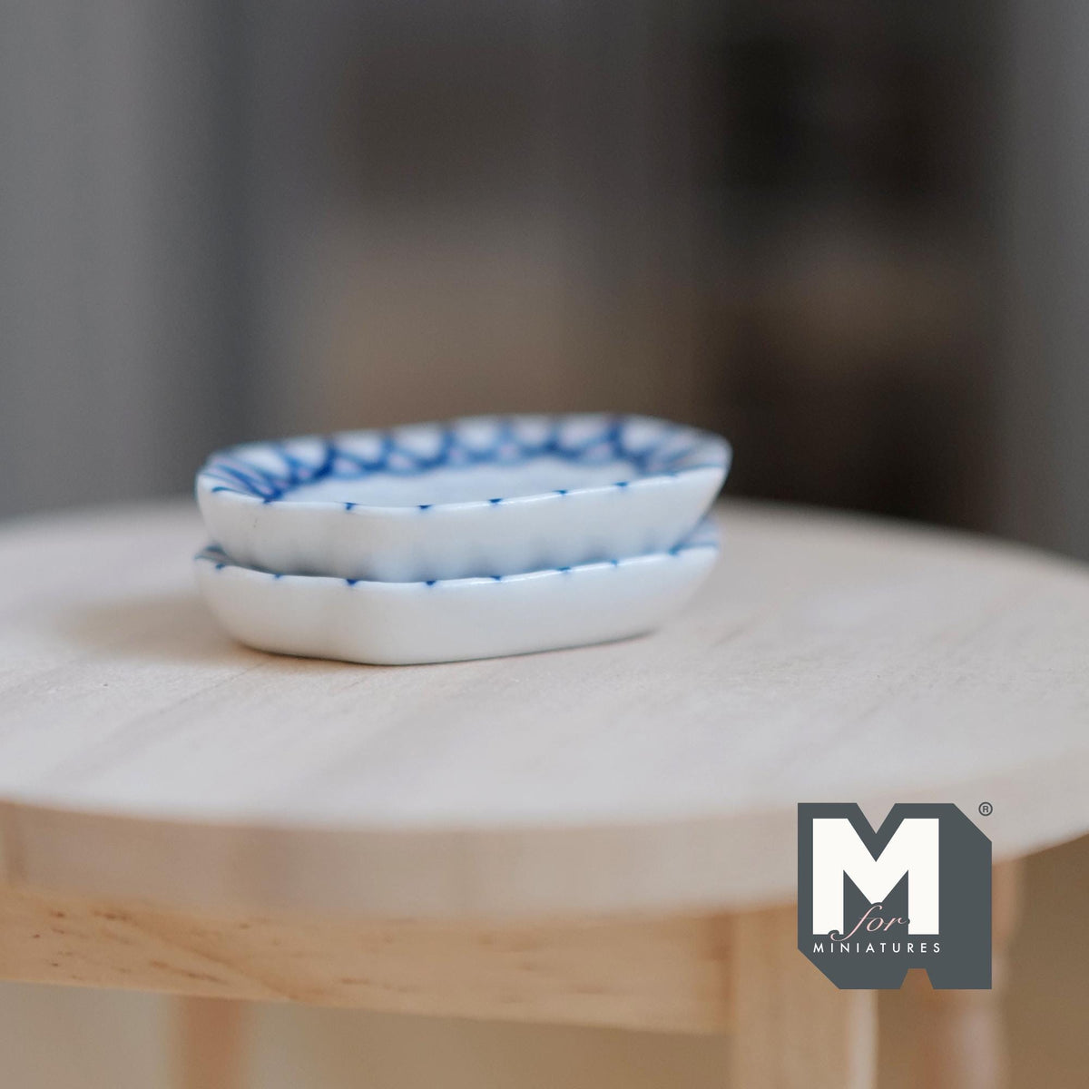 1:12 Scale Miniature Ceramic Oval Plates, Blue Zigzag Rim, Set of 2, 1-3/8 inch long, DIY Dollhouse Supply (white)