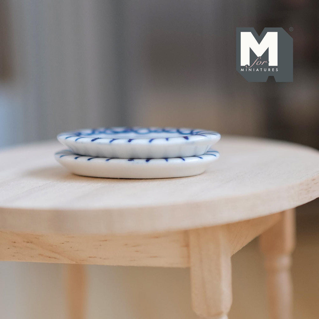 1:12 Scale Miniature Ceramic Oval Plates, Blue Zigzag Rim, Set of 2, 1-1/2 inch long, DIY Dollhouse Supply (white)