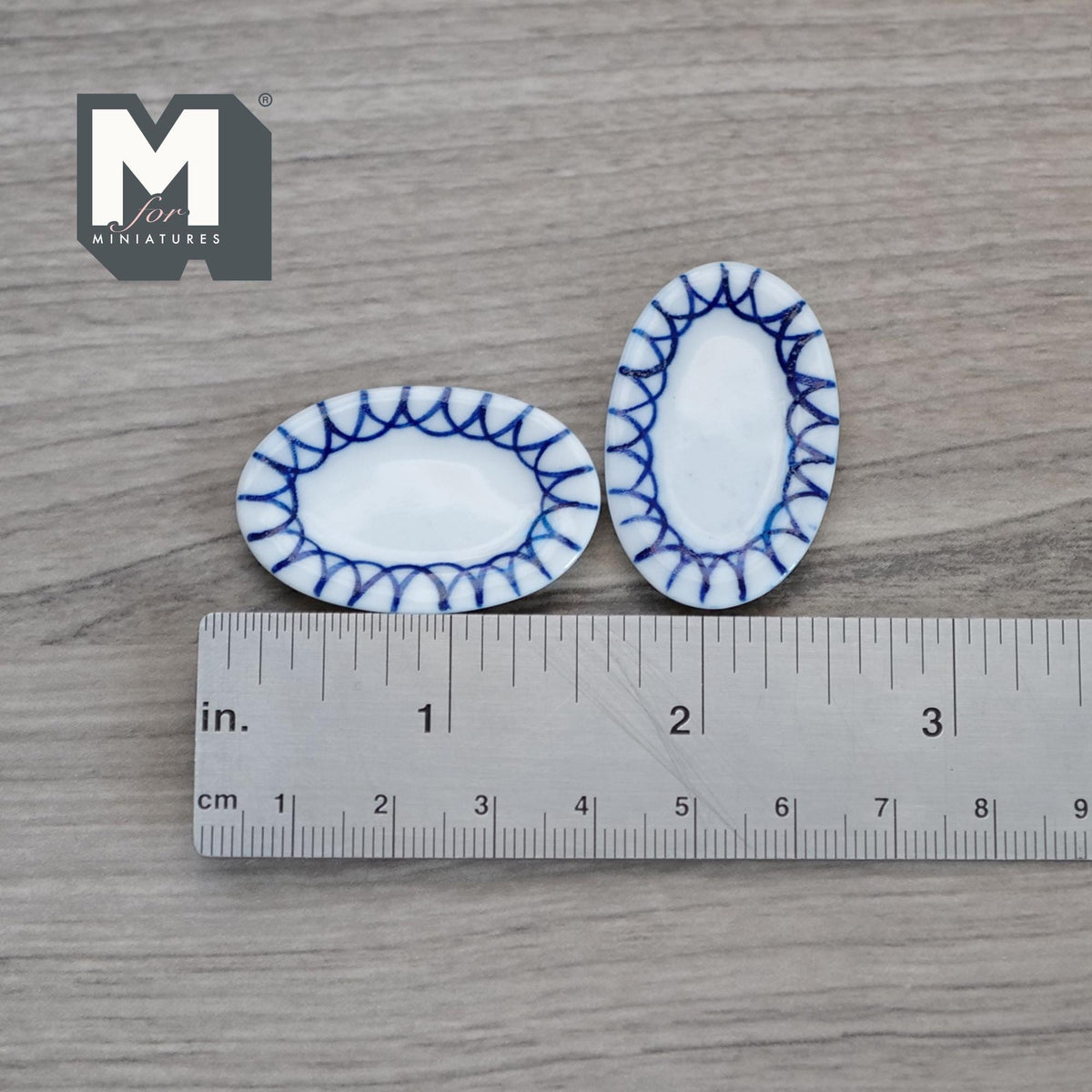 1:12 Scale Miniature Ceramic Oval Plates, Blue Zigzag Rim, Set of 2, 1-1/2 inch long, DIY Dollhouse Supply (white)