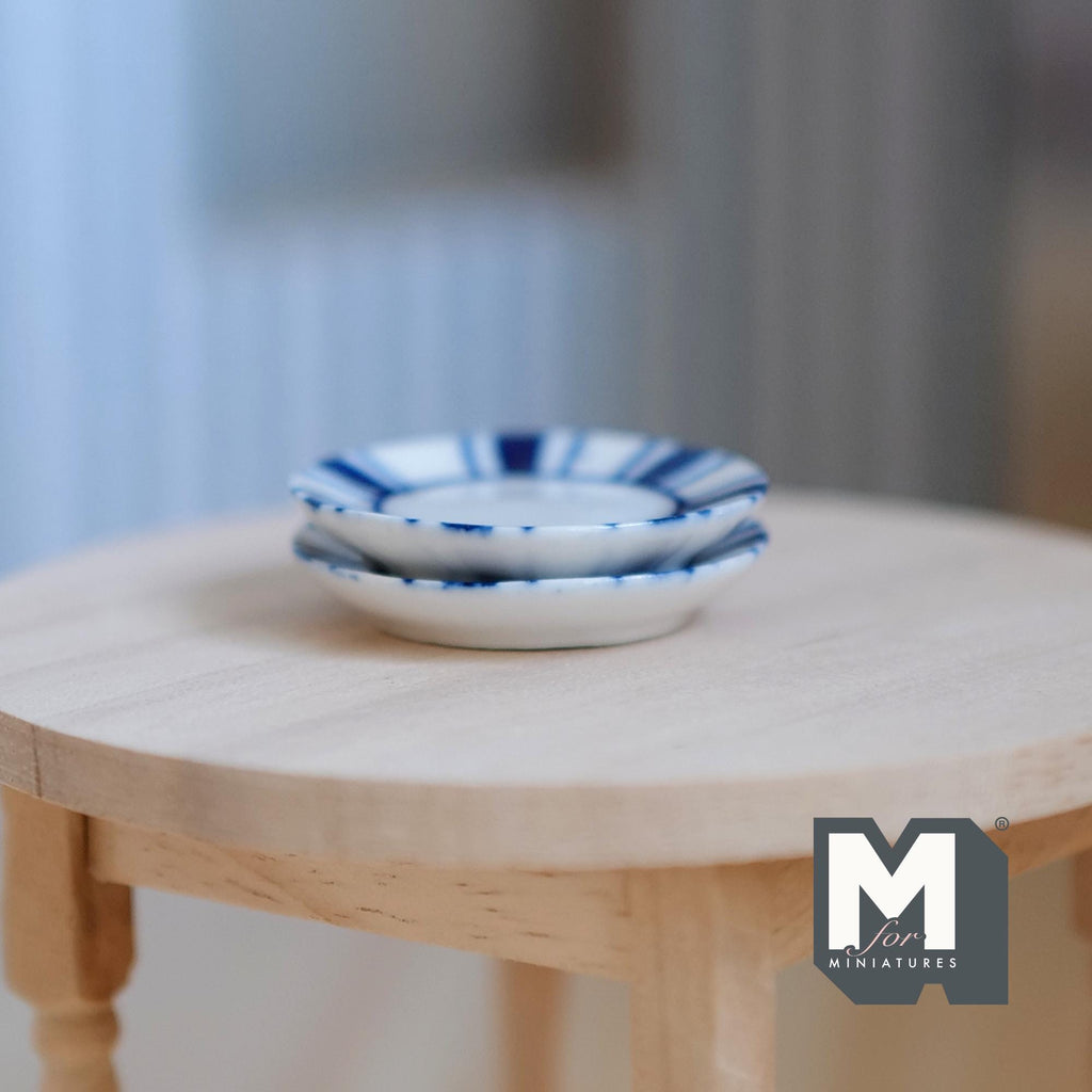 1:12 Scale Miniature Ceramic Dinner Plates, Blue Striped Rim, Set of 2, 1-1/4 inch dia., DIY Dollhouse Supply (large)