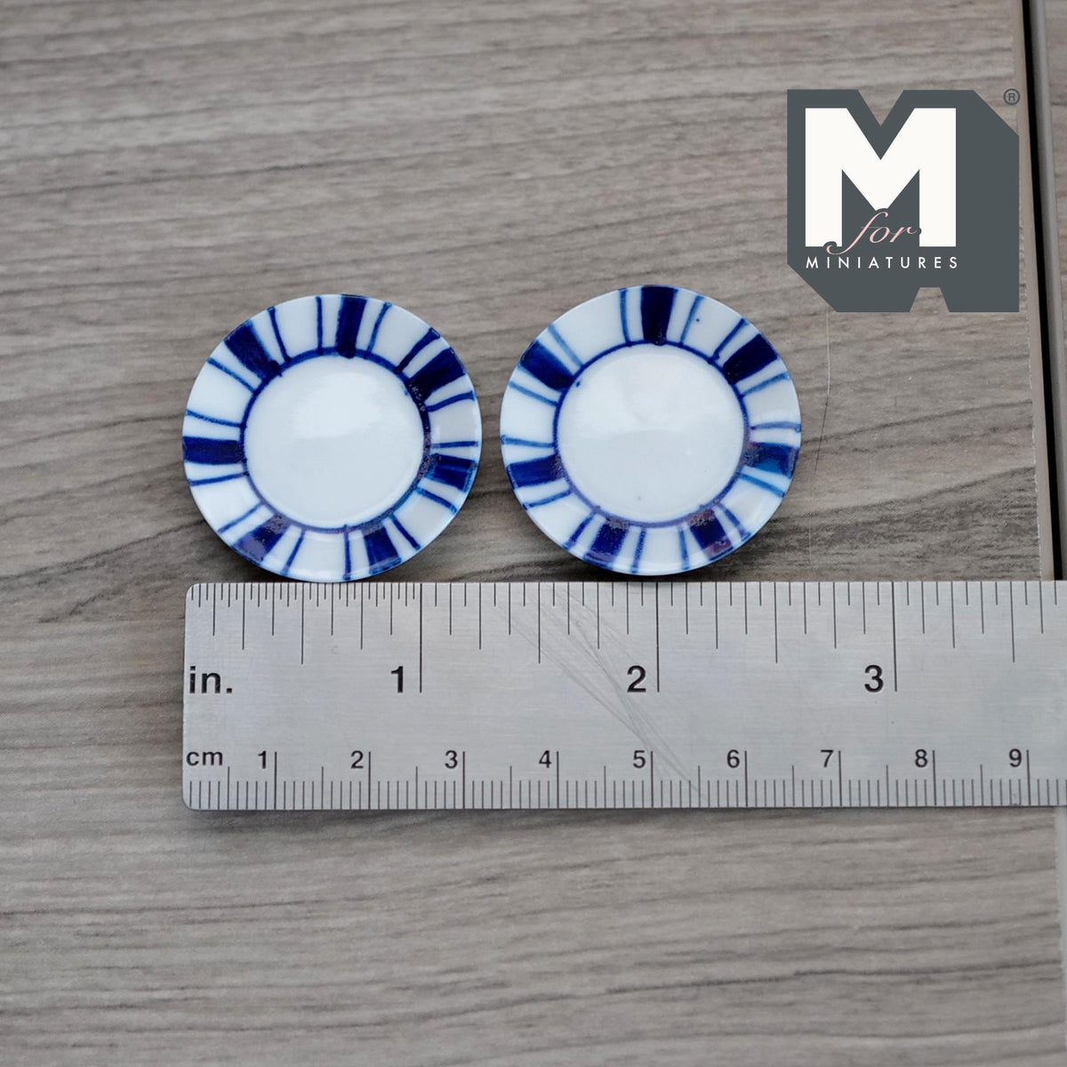 1:12 Scale Miniature Ceramic Dinner Plates, Blue Striped Rim, Set of 2, 1-1/4 inch dia., DIY Dollhouse Supply (large)