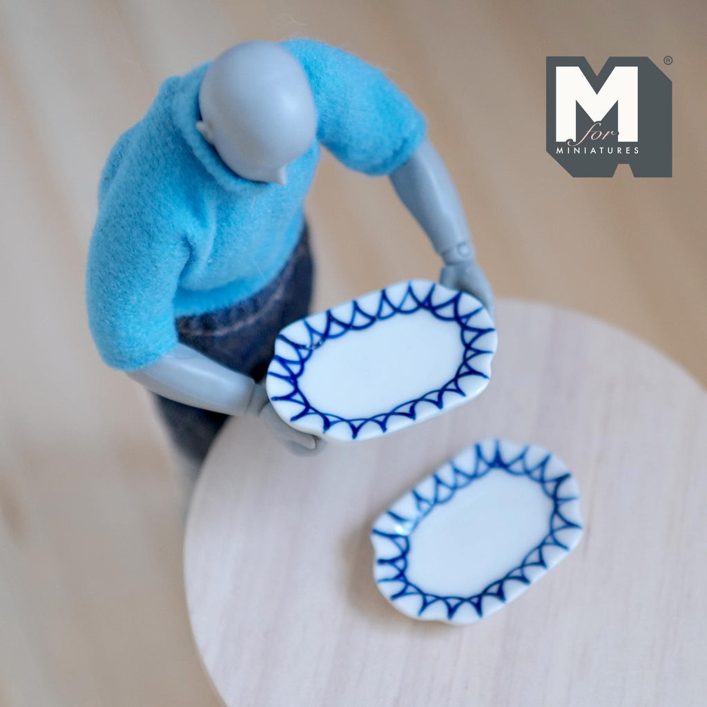 1:12 Scale Miniature Ceramic Oval Plates, Blue Zigzag Rim, Set of 2, 1-3/8 inch long, DIY Dollhouse Supply (white)