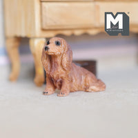 Miniature Sitting Longhair Dachshund 1:12 Scale Wiener Dog 1-7/8 inch long (cast resin) (brown) - C052