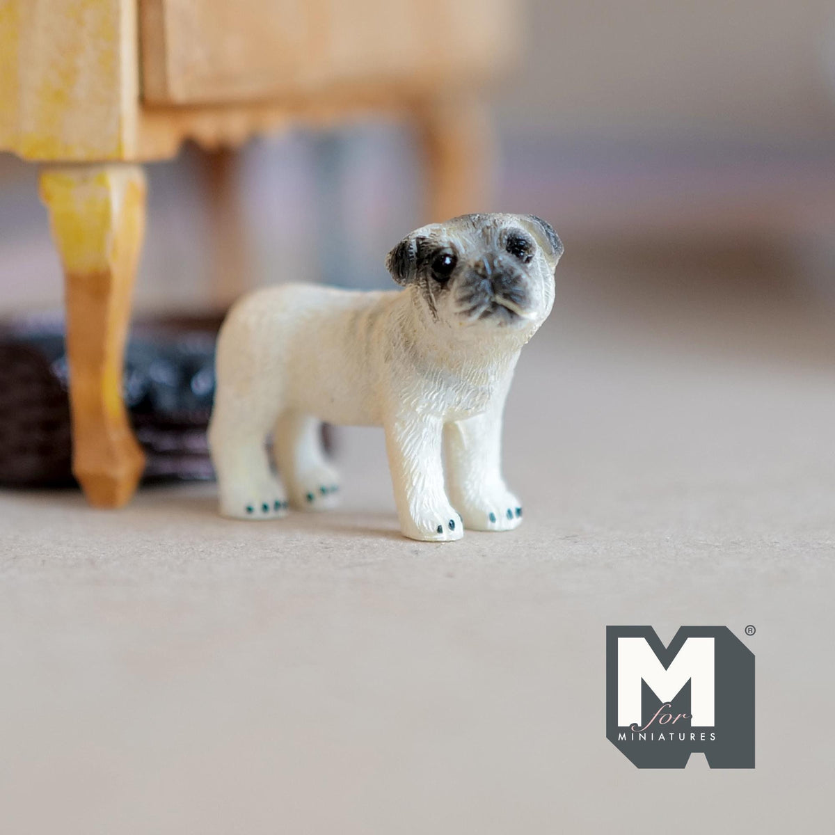 1:12 Scale Miniature Standing Pug Dog Figurine, 1-1/2 inch long, DIY Dollhouse Supply (cast resin) (beige)
