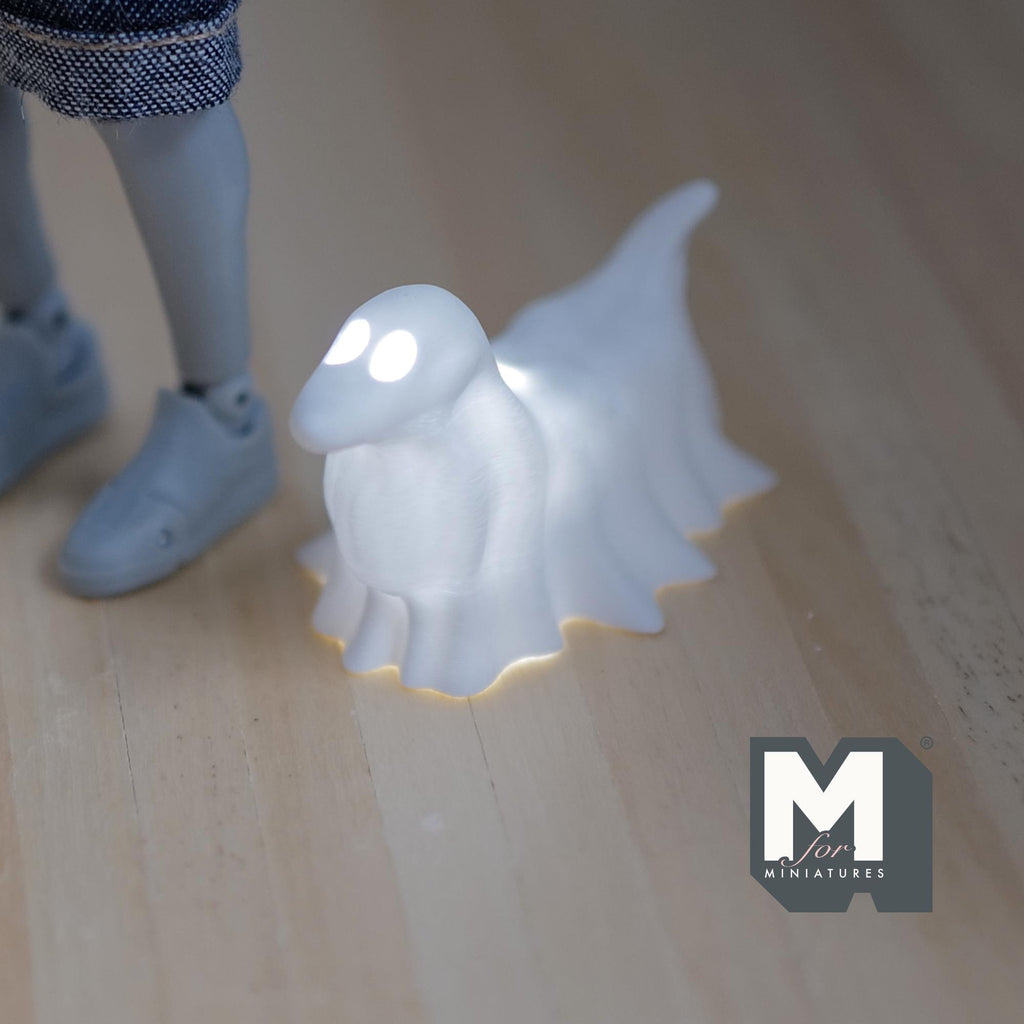 1:12 Scale Miniature Draped Ghost Dachshund, Halloween Decor, with Micro LED Lights, 1-1/8 inch tall, DIY Dollhouse Supply (white)