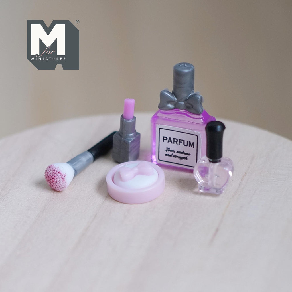 1:12 Scale Miniature Makeup Set with Perfume Bottle, Lipsticks and Brush, Set of 5, 13/16 inch tall, DIY Dollhouse Supply (purple)