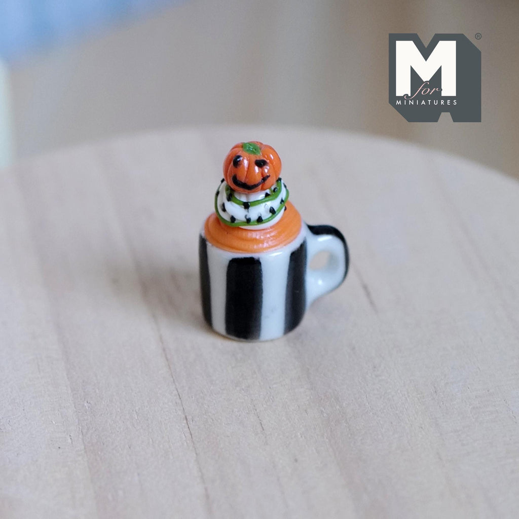1:12 Scale Miniature Ceramic Halloween Mug with Pumpkin and Cream, Striped, 13/16 inch tall, DIY Dollhouse Supply