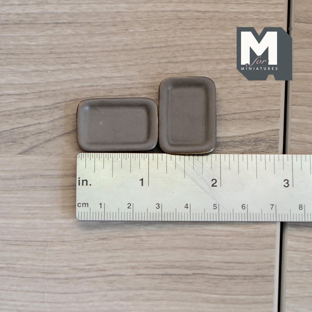 1:12 Scale Miniature Ceramic Rectangular Plates, Set of 2, 1-1/8 inch long, DIY Dollhouse Supply (brown)